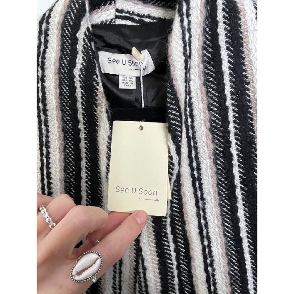 NWT See U Soon Women's White & Black Long Sleeve Belted Jacket Coat US Size M/L - Picture 7 of 10